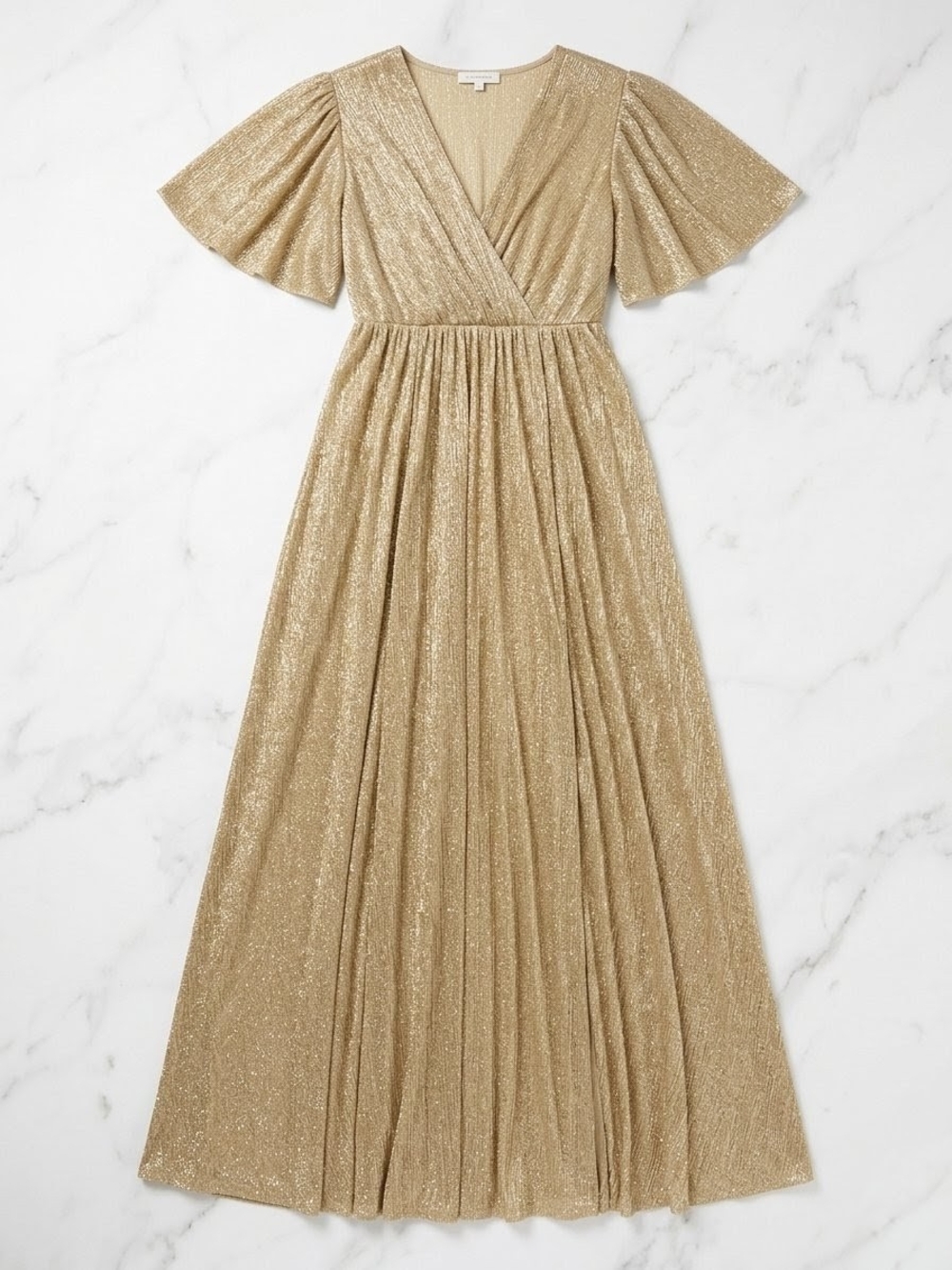 Lulu's Sheer Gold Metallic V-Neck Pleated Maxi Dress - Picture 1 of 3